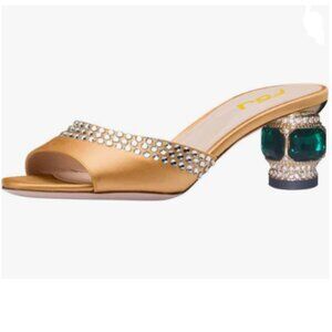 FSJ  Yellow Crystal Low Heel Bridal Pumps Slip on Mule Peep Toe Slide Sandals